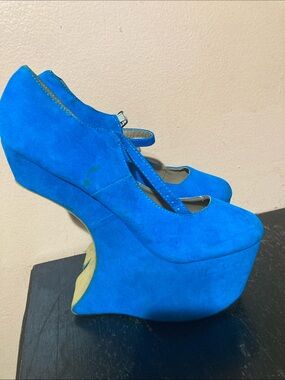Y2K Bumper Electric Blue Suede Mary Jane Platform Wedges